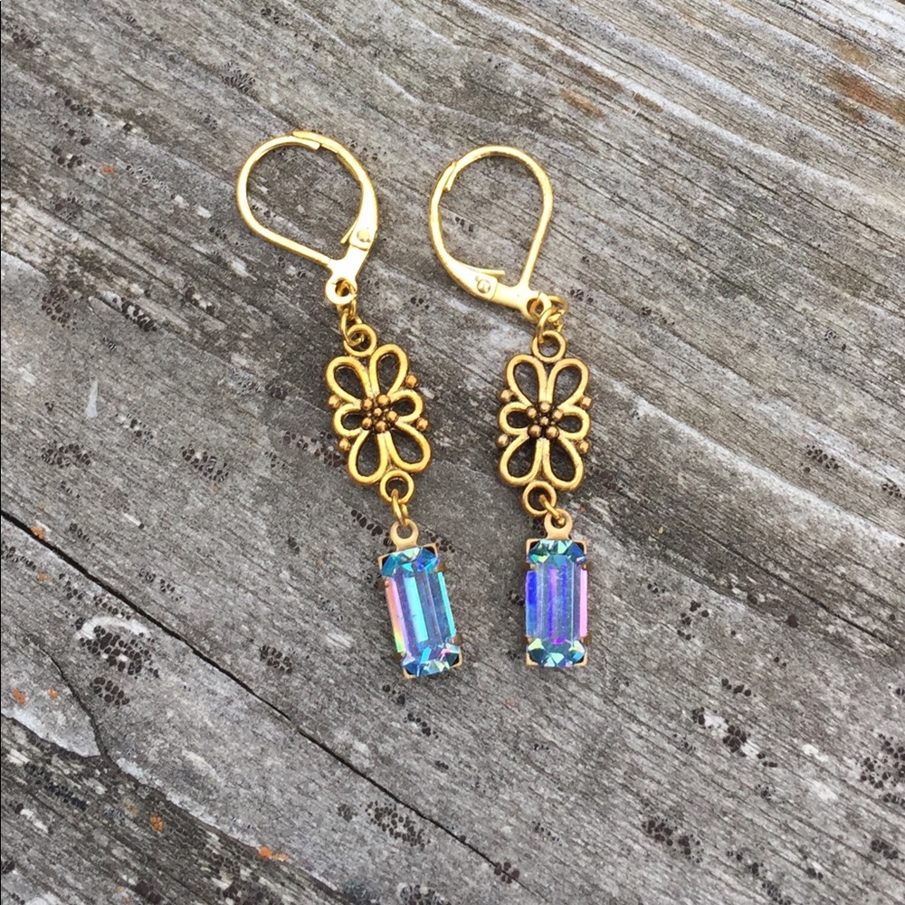 Blue And gold dangle earrings, Swarovski crystal